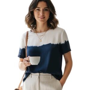 Vince. Ombré Dip Dye Silk Short Sleeve Blouse Top XS Quiet Luxury Coastal